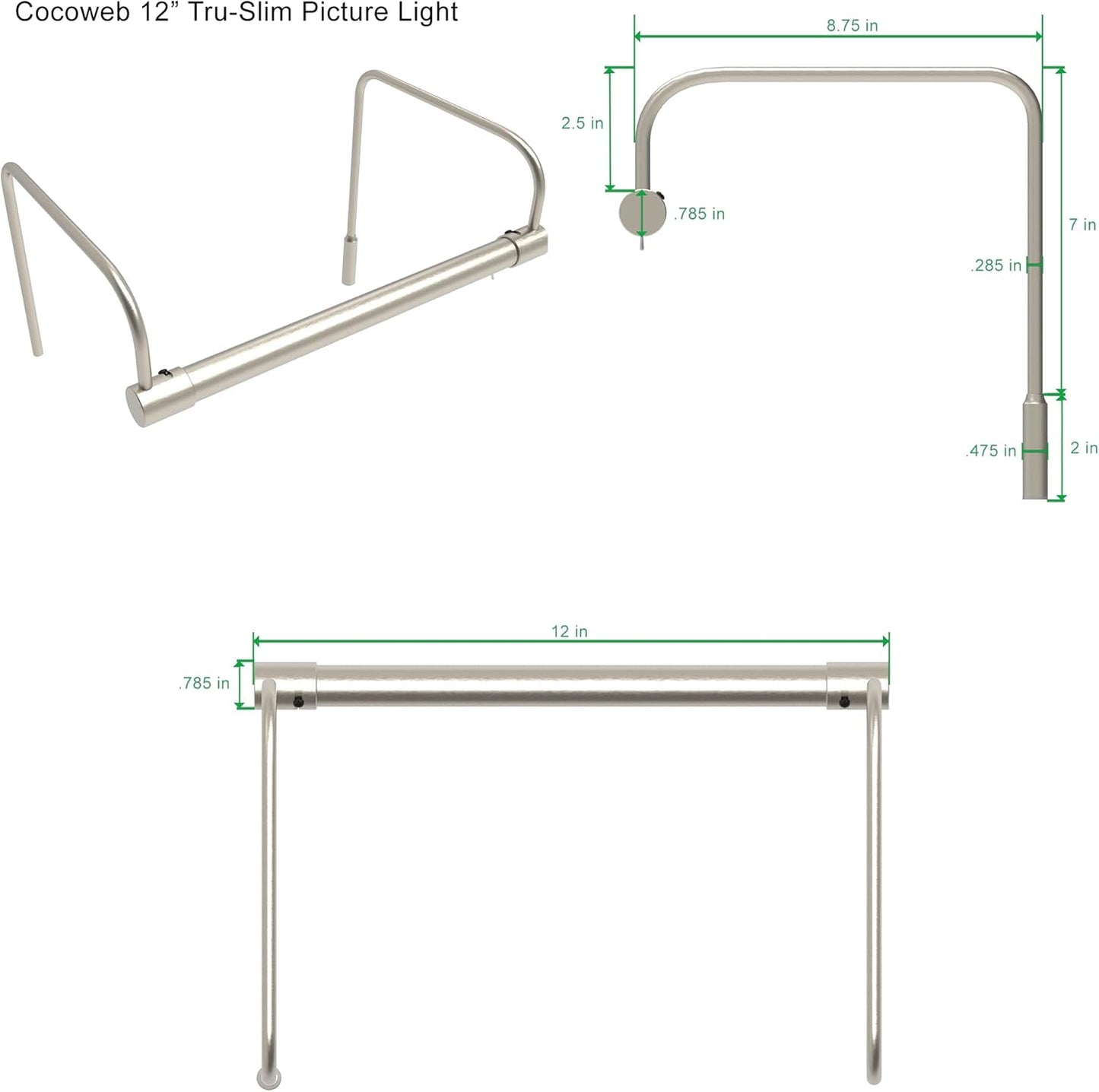 Cocoweb 12 Inch Tru-Slim Satin Nickel Picture Light - LED, 2700K, Adjustable Arm, Plug-in, Toggle Switch, Sleek and Compact Design