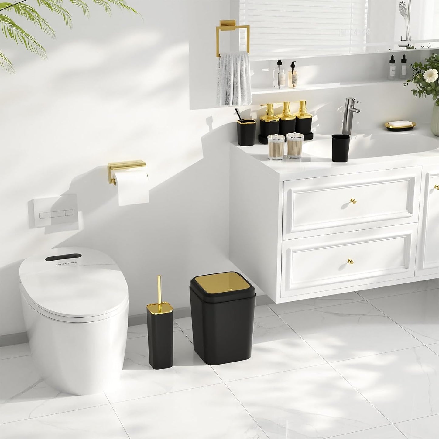 Bathroom Set - Bathroom Sets with Shower Curtain and Rugs, Bathroom Accessory Set, Black Bathroom Accessories Set with Trash Can, Toilet Brush and Soap Dispensers