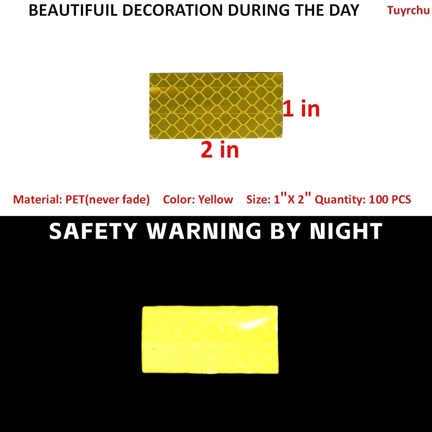 Non Fading Yellow Reflective Stickers 1 inch X 2 inch, Outdoor Waterproof High Visibility Warning Safety Adhesive Reflector Tape (100 Pcs)