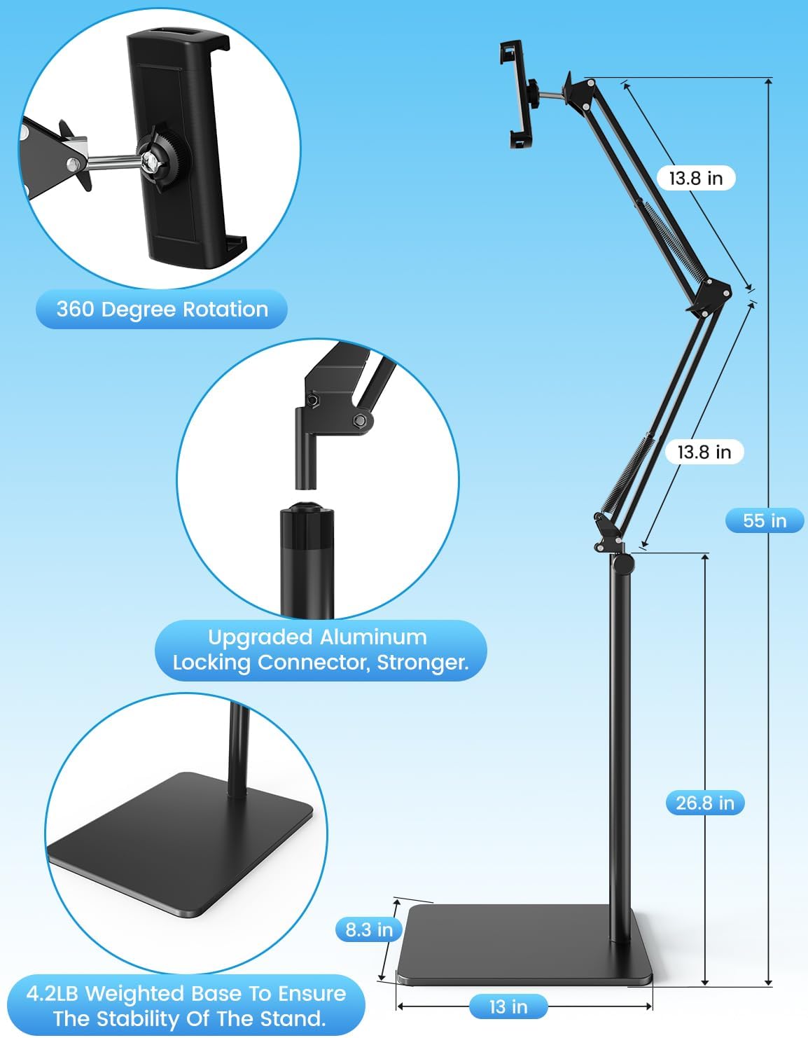 Tablet Floor Stand with 4.2LB Base,Overhead Bed Phone Stand Angle Height Adjustable Tablet Holder Bed,Phone Stand for iPad/iPhoneX/iPad Pro Air Mini, Samsung Tab,E-Readers…