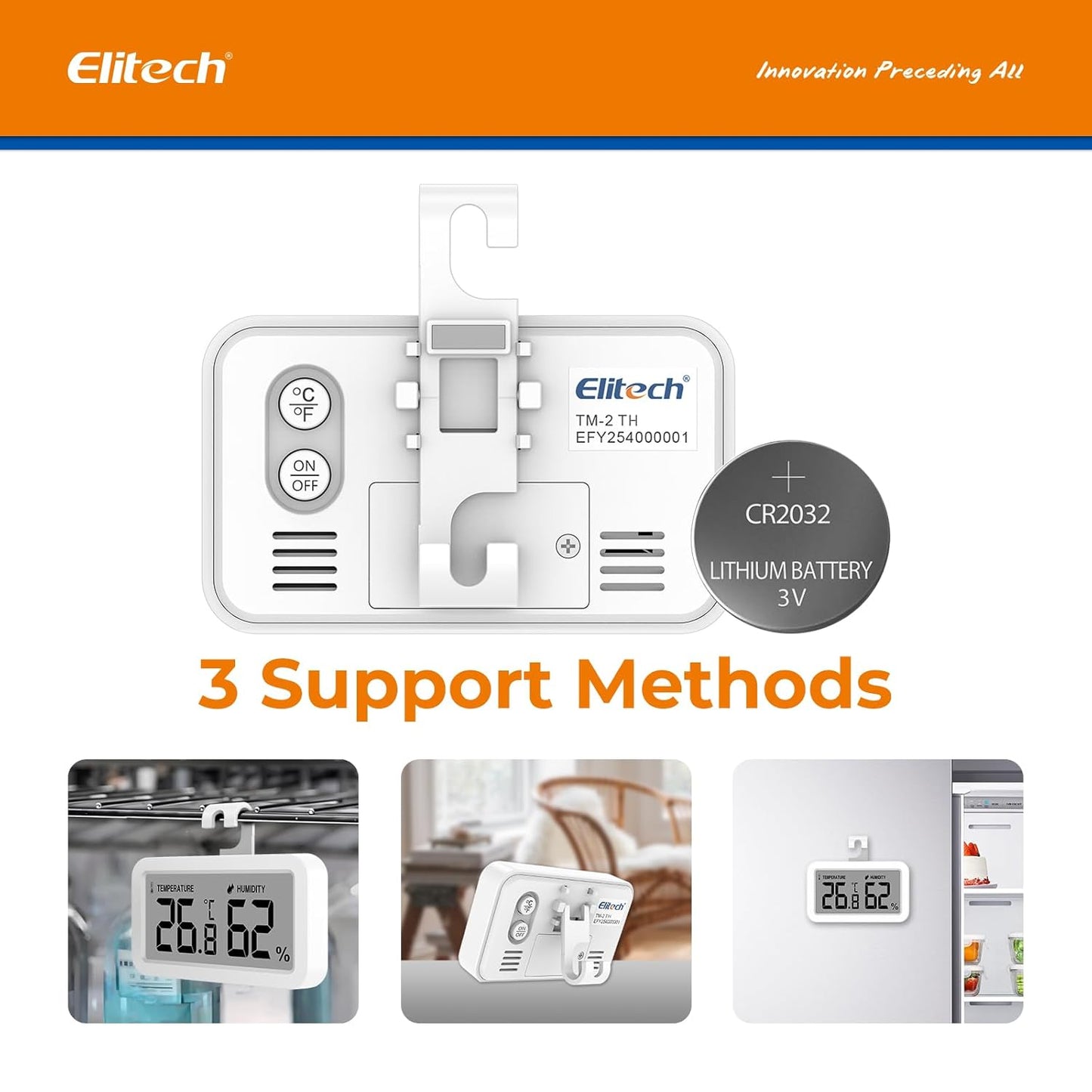Elitech Fridge Thermometer Hygrometer Digital Freeze Refrigerator Thermometer Waterproof Large LCD Display TM-2TH