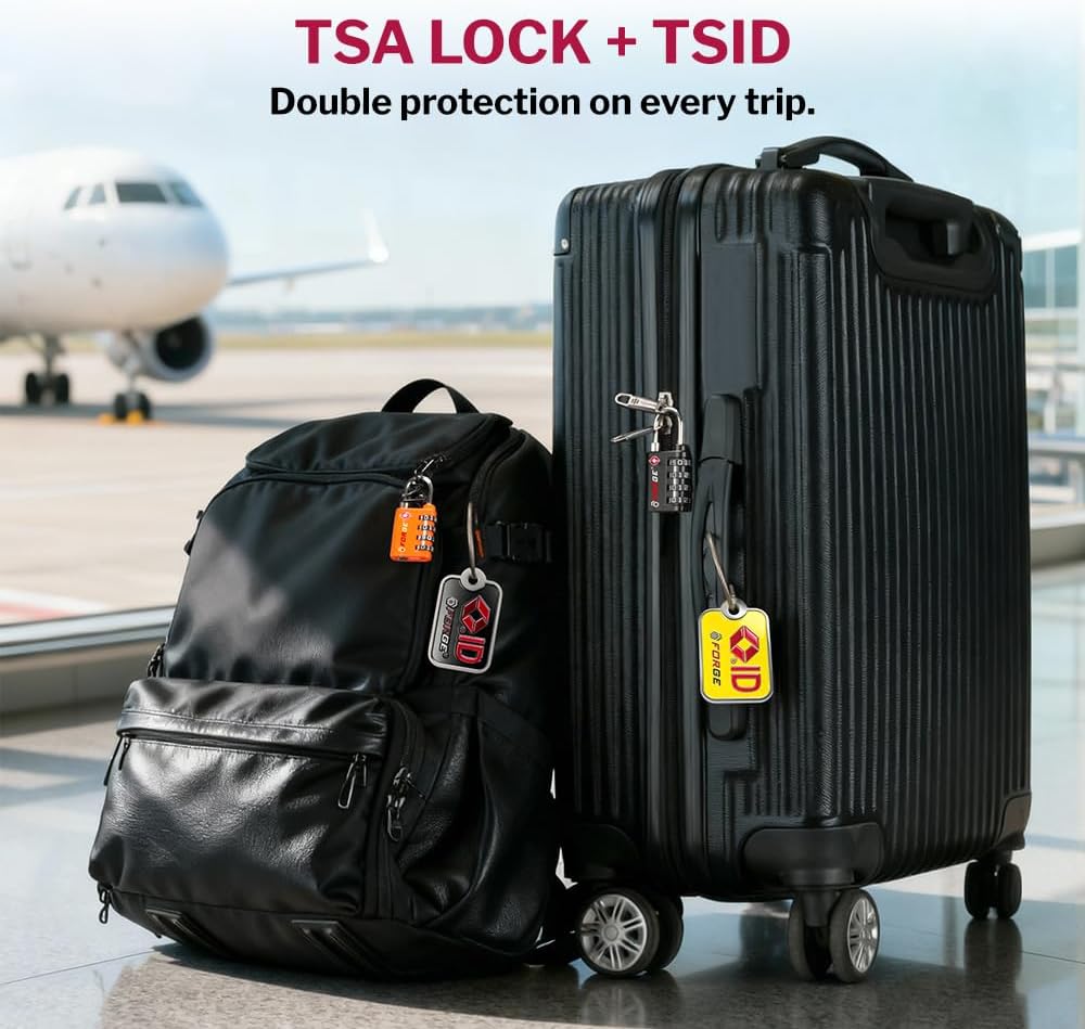 Forge Dual-Opening: Key or Combination Lock, TSA Approved Lock for Luggage, Pelican case, Travel, Gym, School, Luggage Combination Lock, Travel Bag Lock (Black 2 Locks and 2 ID)