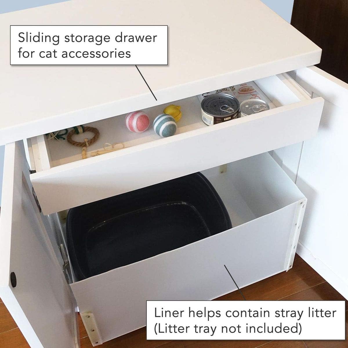 THE REFINED FELINE Cat Litter Box Enclosure Cabinet, Shaker, White, Tapered Feet, Large, Hidden Litter Cat Furniture with Drawer