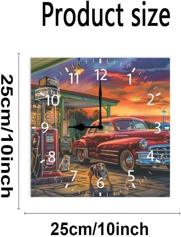 10 in Old Fashioned Gas Station Car -270 Wood Wall Clock – Digital Time Display, Smart Home Compatible for Bedside or Workspace