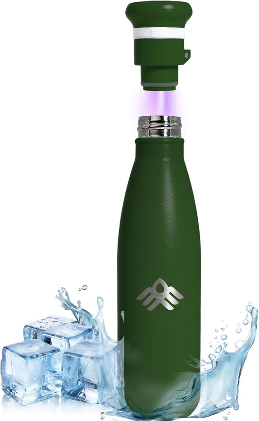 Smart Self-Cleaning Water Bottle 17oz Forest Stainless Steel Insulated Purifying Bottle LED + Activated-Carbon Dual Filtration USB-C Rechargeable BPA-Free for Outdoor, Gym & Office