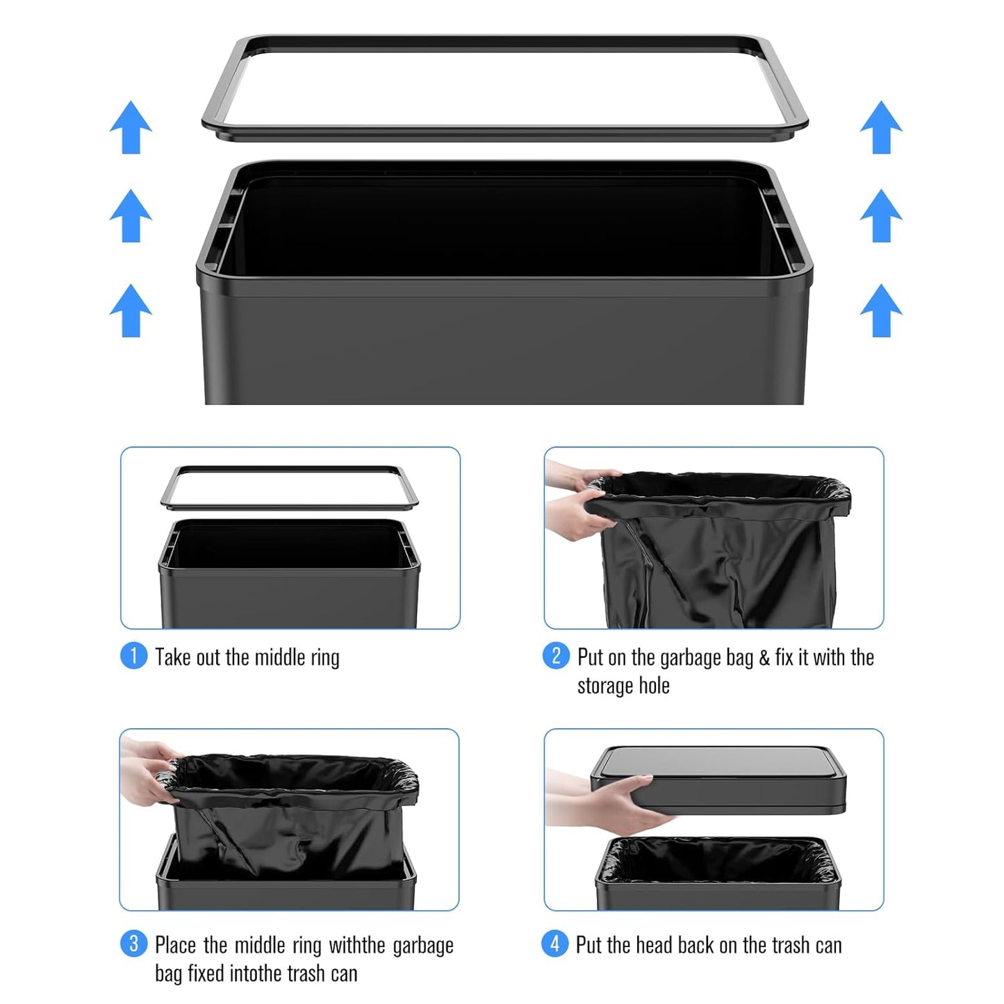 50L / 13 Gallon Smart Automatic Trash Can with Deodorizer Compartment, Stainless Steel Body and Mute Sensor Lid for Kitchen Office Living Room and More, Assemble Large Capacity Garbage Can - Black