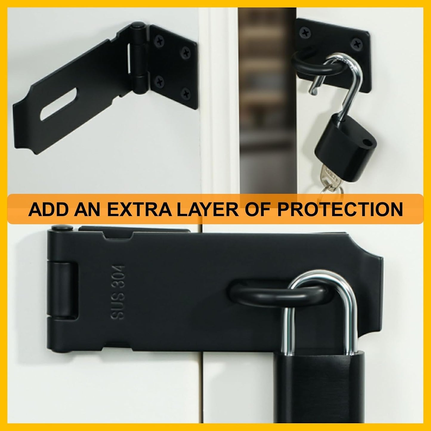 Alise Door Lock Hasp Latch,4 Inch SUS 304 Stainless Steel Safety Packlock Clasp Hasp Lock Latch with Fixing Screw for External Doors Window Cabinet Pet Cage, Black,MS99-B