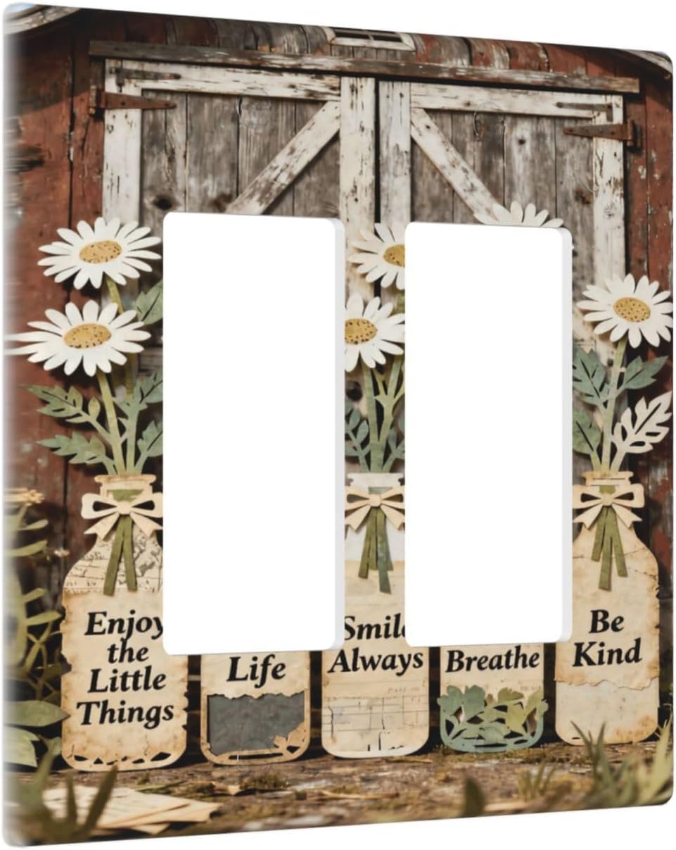 Rustic Daisy Barn Door Flowers 2 Gang Double Rocker Decorative Light Switch Covers Electrical Faceplate Switch Plates for Bathroom Kitchen Home