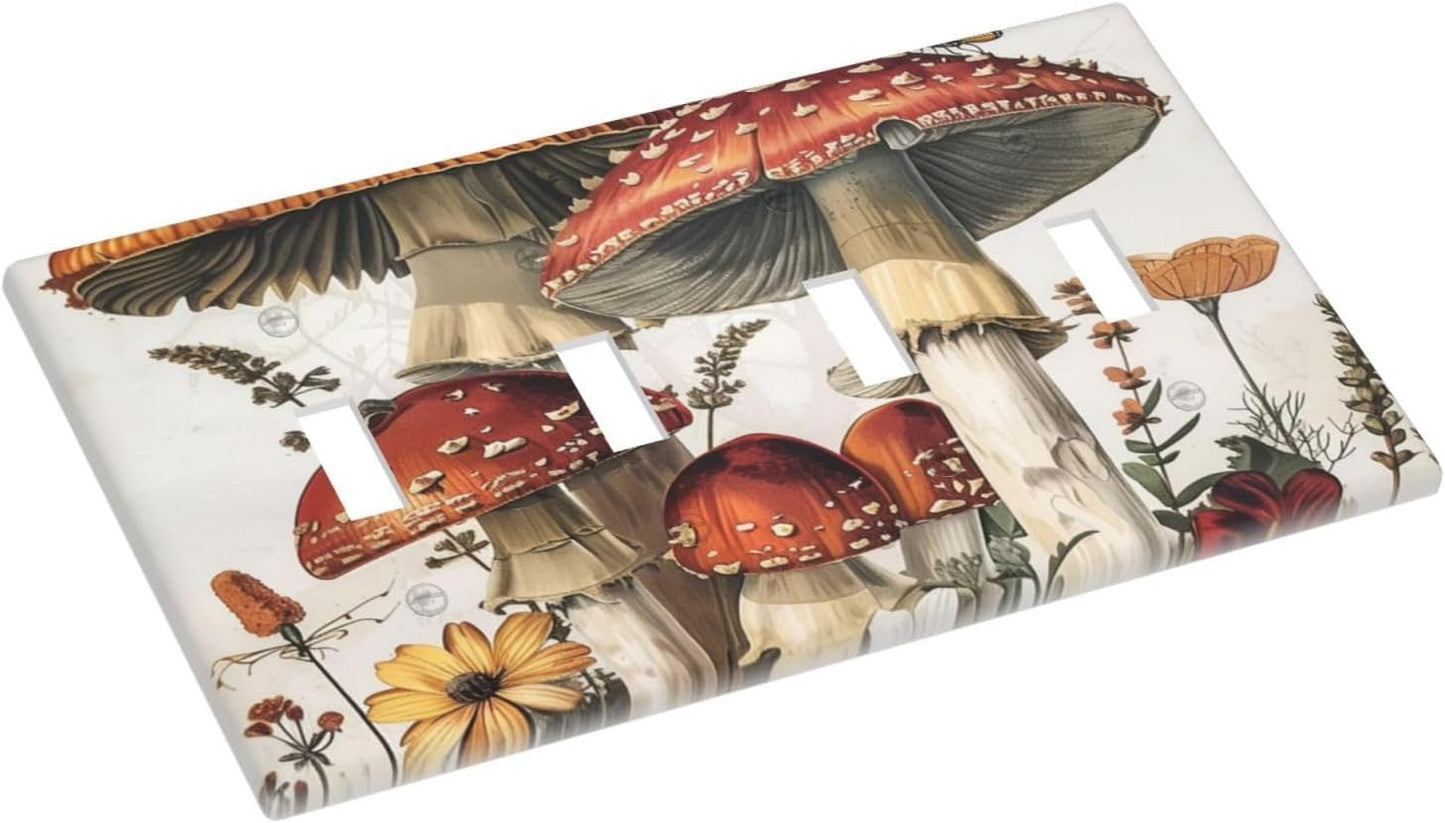 Light Switch Covers Mushroom Forest Butterfly Wild Flower Quad Toggle Electrical Faceplate 4 Gang Wall Plate Decorative Switch Plates For Bed Room Living Room Decor