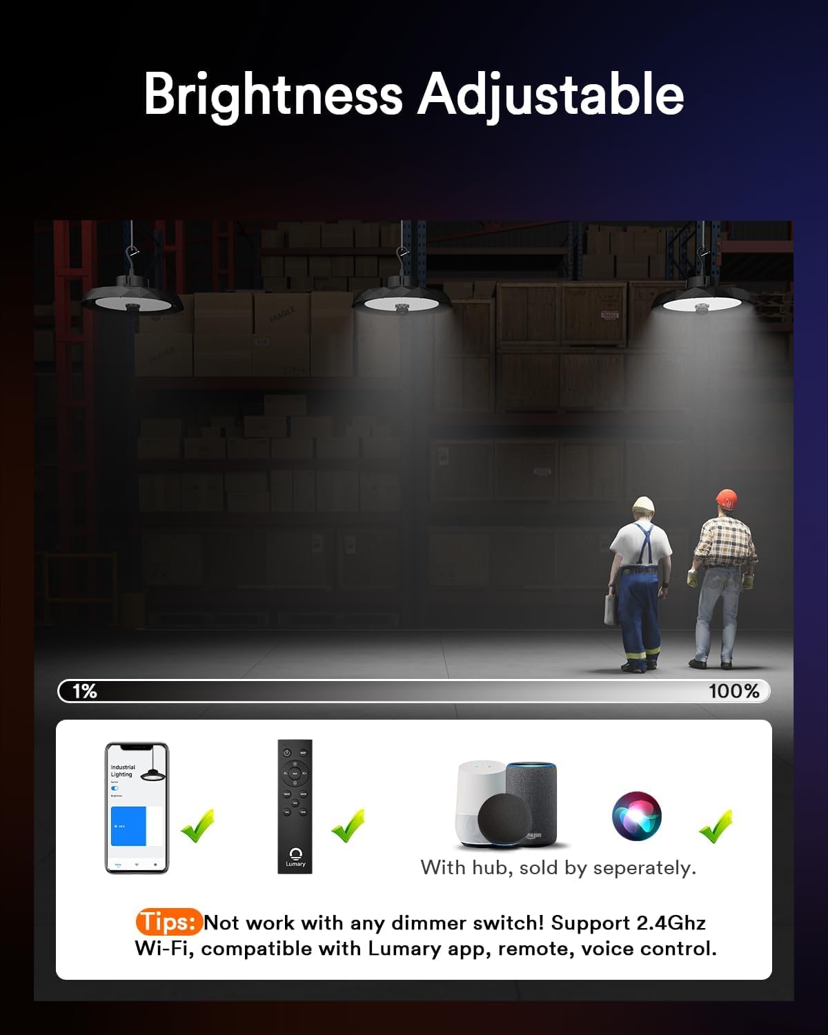 Lumary Bluetooth UFO LED High Bay Light with Remote, Adjustable Motion Detection, 16,000lm 5000K Daylight for Shop Garage, Aluminum Fin, Work with Alexa via Hub(Sold Separately), 120-277V, 100W