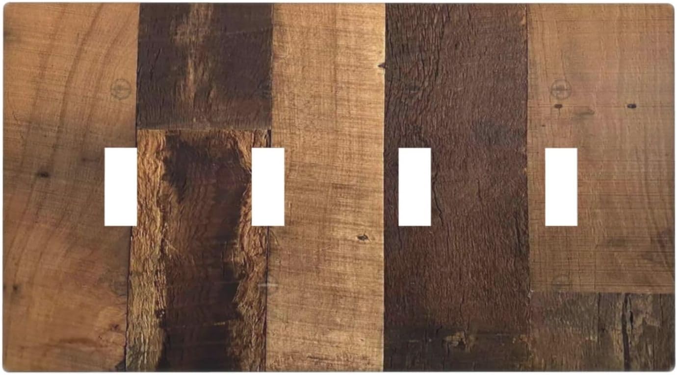 Rustic Brown Wood Vintage Wood Board Light Switch Covers Quad Toggle Electrical Faceplate 4 Gang Wall Plate Decorative Switch Plates For Farmhouse Cabin Decor