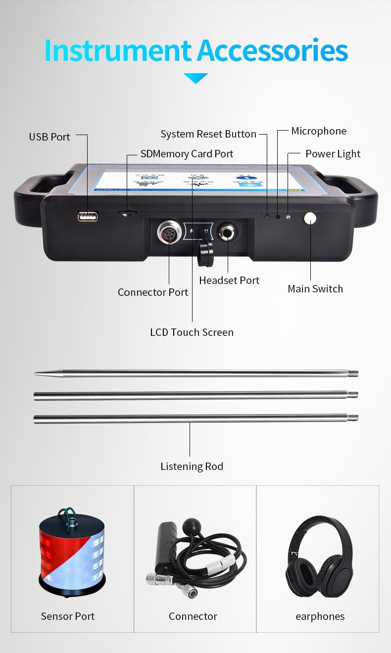 PQWT CL400 Water Leak Detectors for Home and Outside Wall Water Pipe Detector Acoustic Pipeline Leakage Detection Kit Professional Sensor Noise Reduce Headphone LCD Touchscreen Carry Case 4 Meters