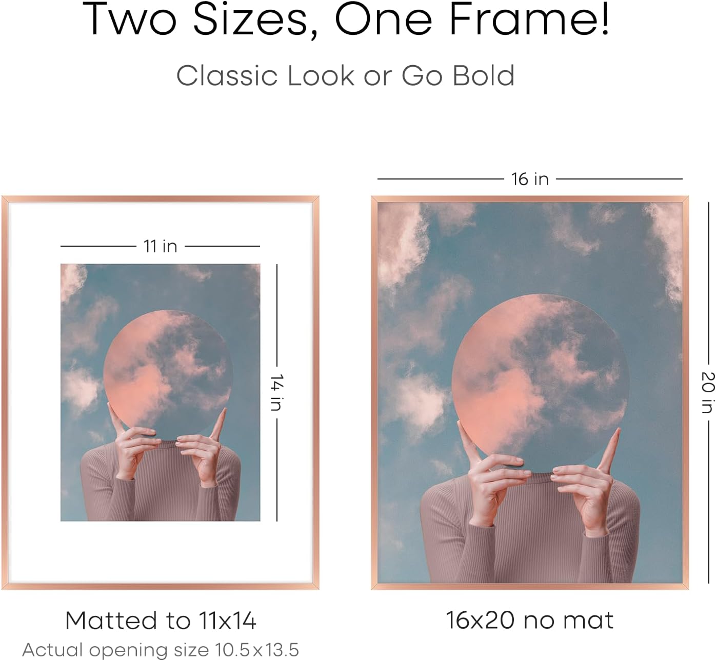 Homeforia Picture Frames 16x20 Rose Gold, High End Metal 16x20 Poster Frame with Mat 11x14 inch Photo, 16 x 20 Rose Gold Frame Matted to 11 by 14 Print, 20x16 Frame, Tempered Glass, Wall Kit, Set of 2
