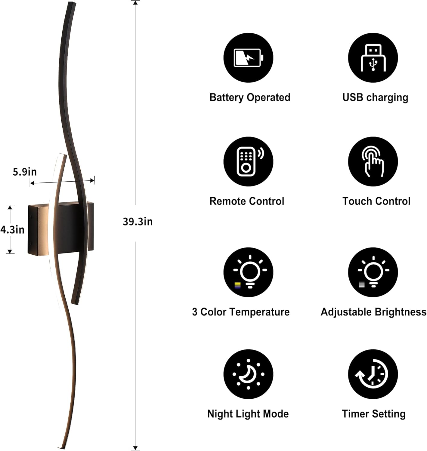 Battery Operated Wall Sconces Set of Two with Remote Control, Dimmable/3 Color/Night-Light/Timer/Memory, Black Modern Wireless LED Sconce for Living Room, Hallway, Bedroom, 39.3 Inch (2 Pack)