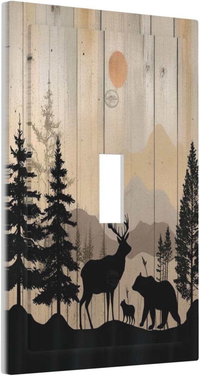 Decorative Light Switch Cover Wood Board Wildlife Cute Bear Deer Forest Rustic 1 Gang Single Toggle Device Electrical Faceplate Switchplates Decorator Outlet Wall Plate for Bathroom