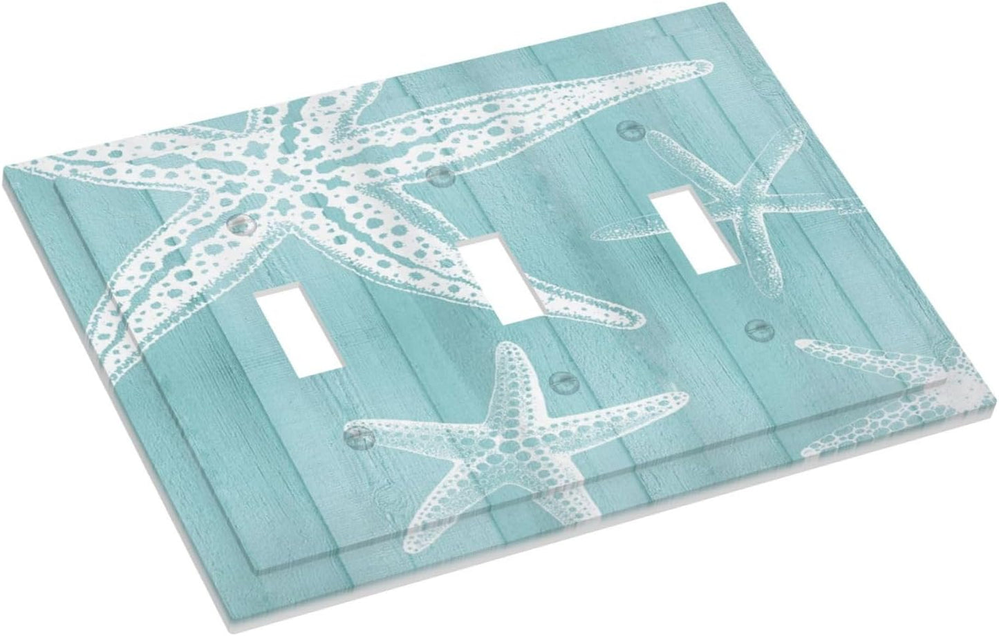 Decorative Light Switch Cover Plate Starfish Teal Wood Board Nautical 3 Gang Wall Plates for Electrical Outlets Triple Toggle Switch Plate Covers Outlet Covers Faceplate for Bedroom Home Decor