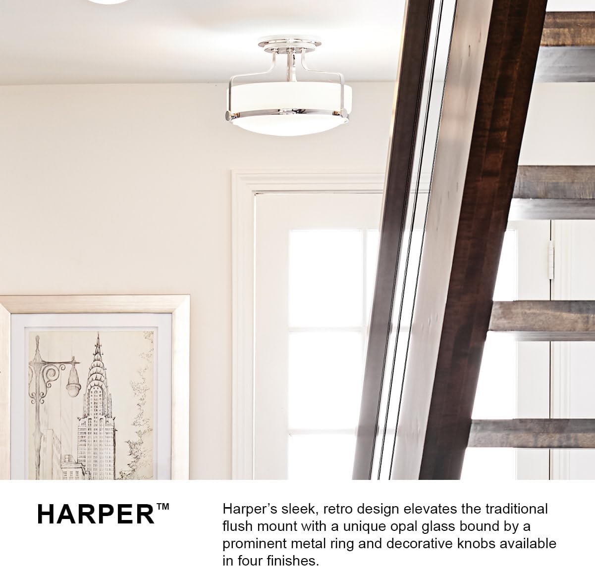 Hinkley Harper 3643CM Large Semi-Flush Ceiling Light - Sleek, Retro Style - Chrome + Etched Opal Glass