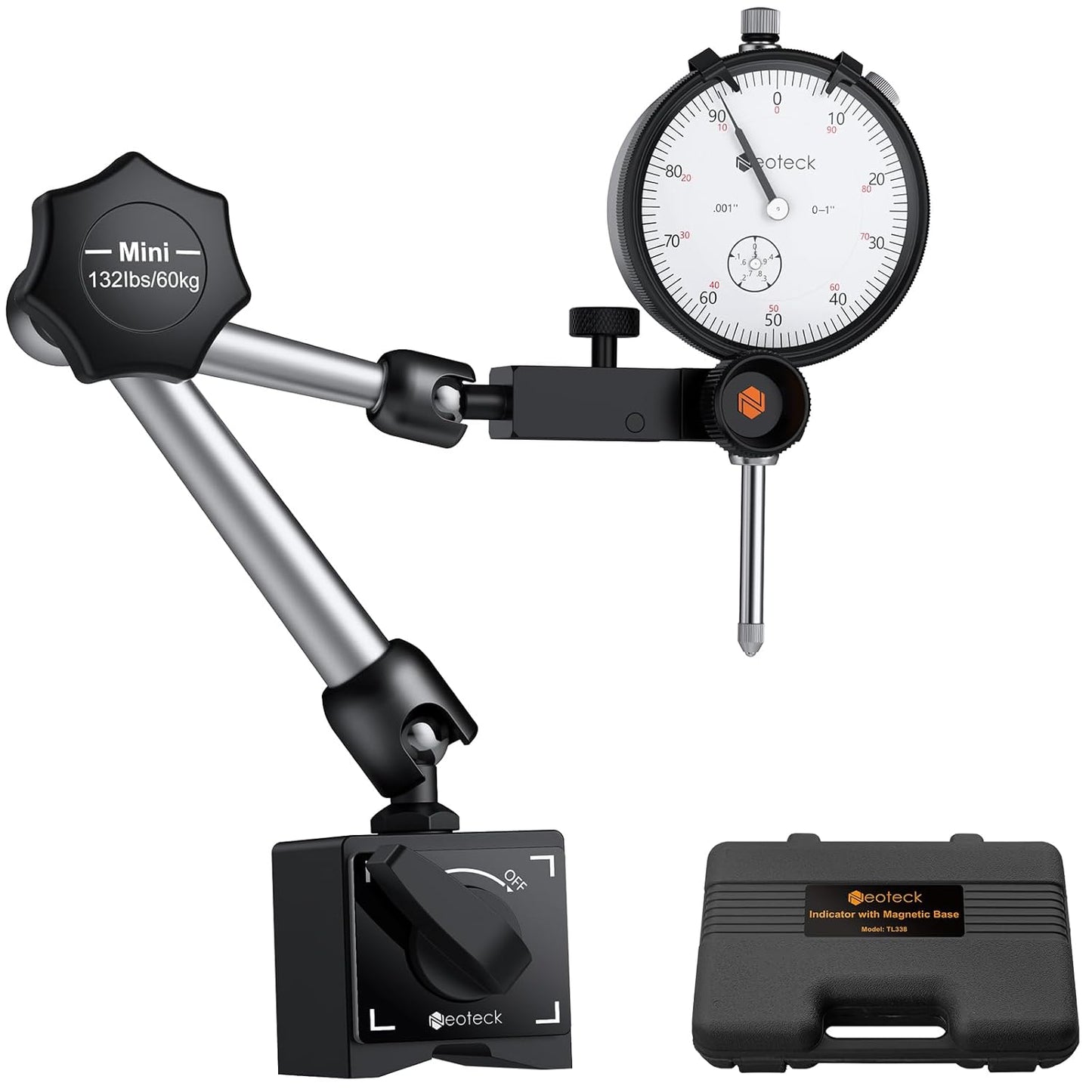 Neoteck Dial Indicator 0-1in/0.001in with 132lbs/60kg Magnetic Base,Imperial Dial Test Indicator Gauge Set with Storage Case for Lathe,3D Printer,CNC,Automobile,Laboratory