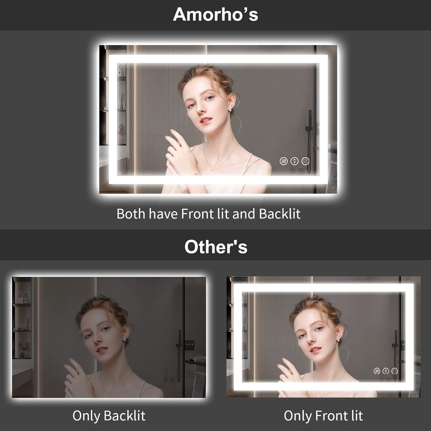 Amorho LED Bathroom Mirror, 48"x 38" with Front and Backlight, Stepless Dimmable Wall Mirrors with Anti-Fog, Shatter-Proof, Memory, 3 Colors, Double LED Vanity Mirror(Horizontal/Vertical)