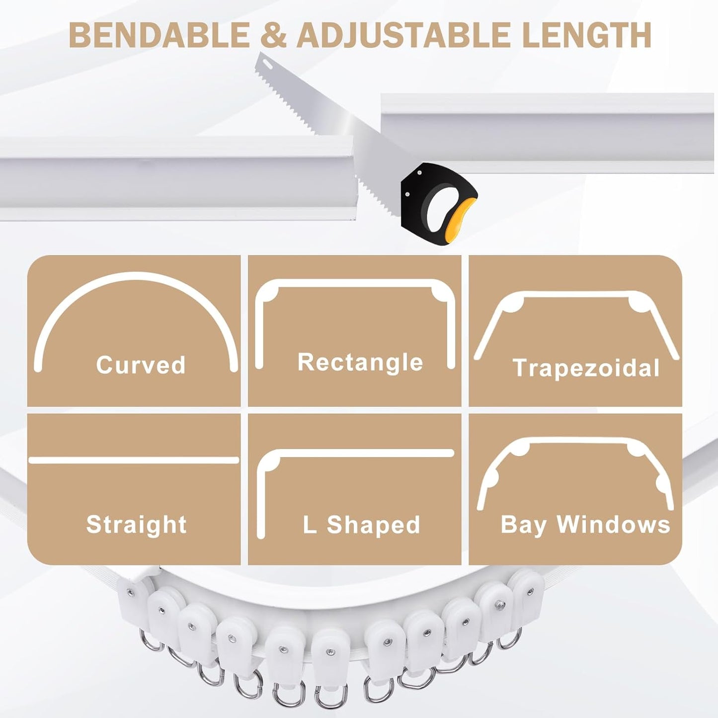 Aluminum Ceiling Curtain Track Set with Hooks Ceiling Mount and Wall Mount Room Divider Sliding Curtain Tracks Rods Flexible Heavy Duty Curtain Rail Hook Sets,White,12FT