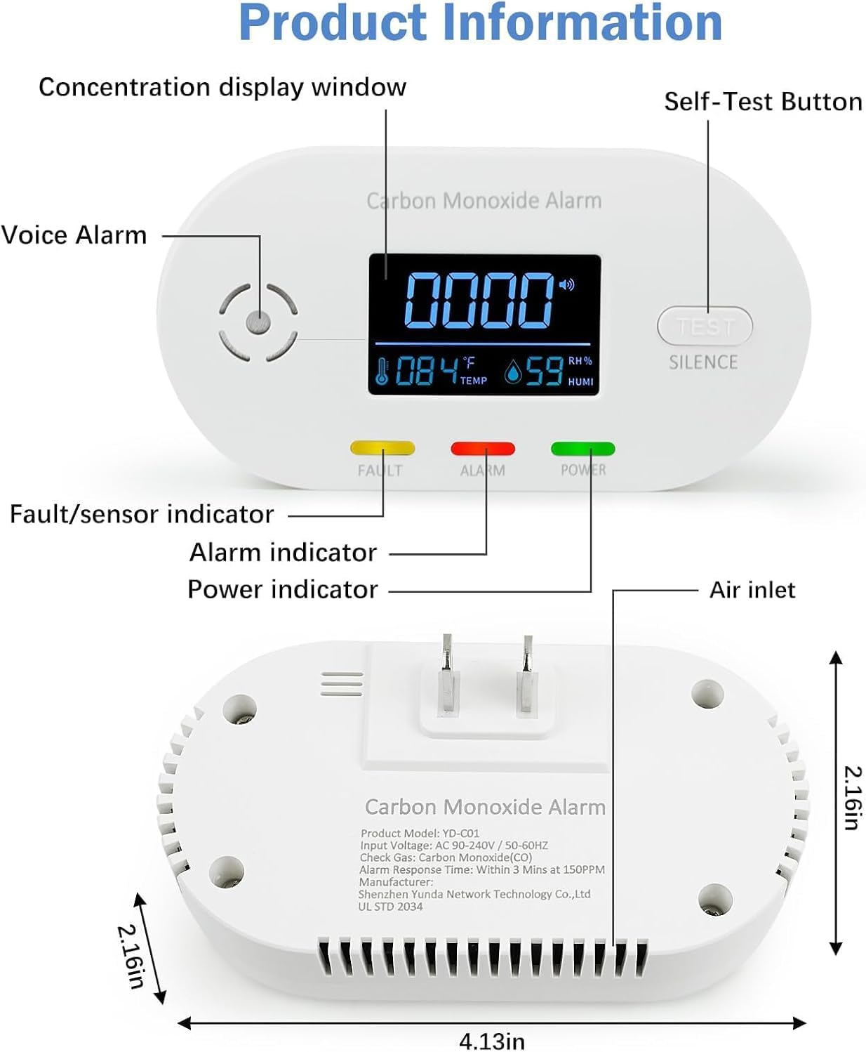 Carbon Monoxide Detectors, 3 Pack Plug in Carbon Monoxide Detector with CO Alarm Monitor Temperature Humidity Sensor,3-in-1 CO Detector with LCD Display for Home/Kitchen/Hotel/Bedroom (White)