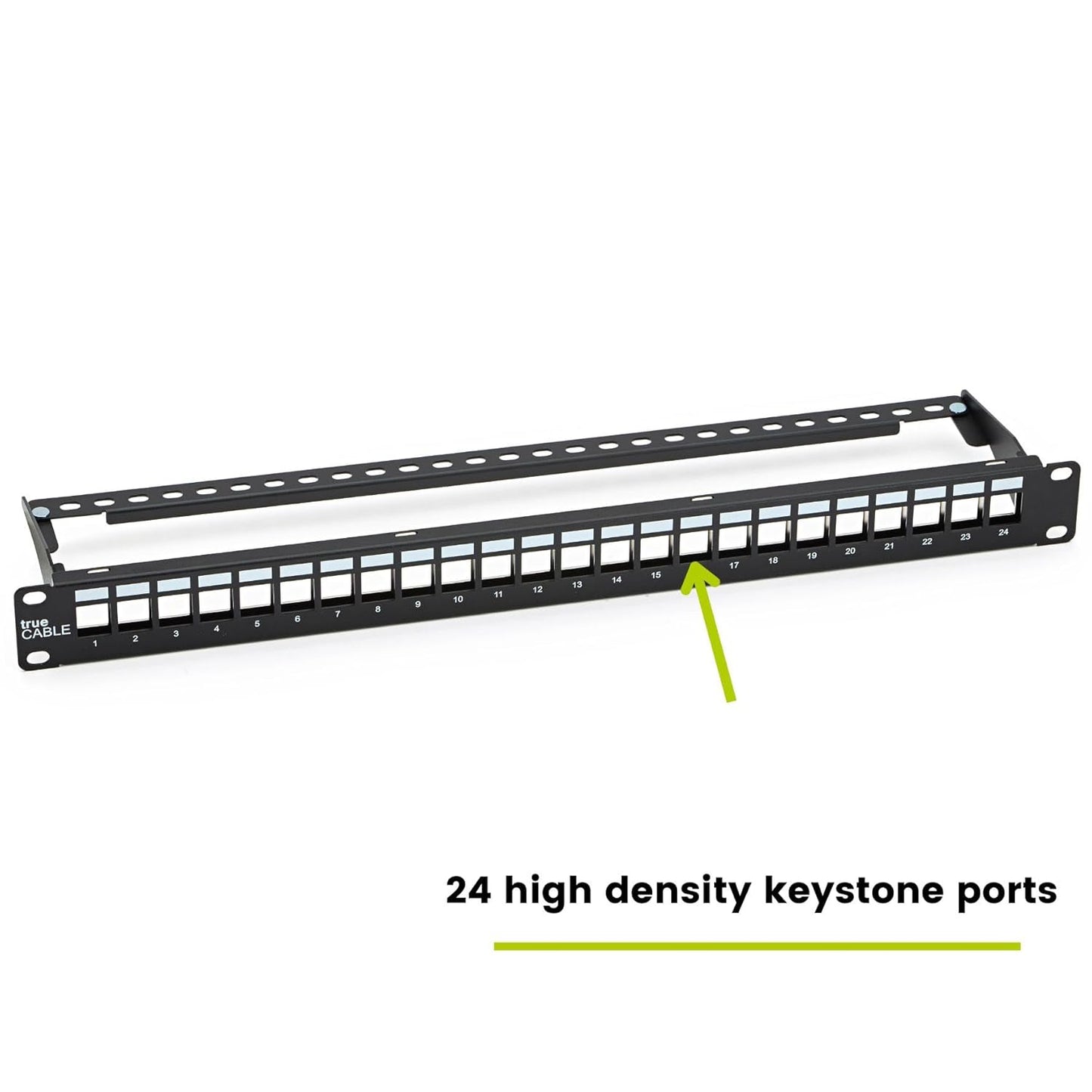 trueCABLE Shielded 24 Port 19” Toolless Modular Patch Panel, Blank, 1U Rack Mount, with Cable Management Bar and Ground Wire, High Density, Black