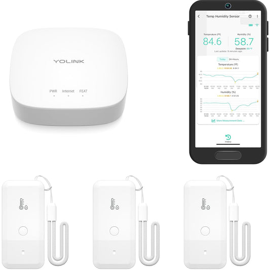 YoLink Smart Wireless Thermometer Hygrometer, 3-Pack, Wide Temp Range for Freezer, Fridge, Green House, Pet Cage, App Alerts, Emails, Text/SMS alerts, 5 Years Battery Life- Hub Included