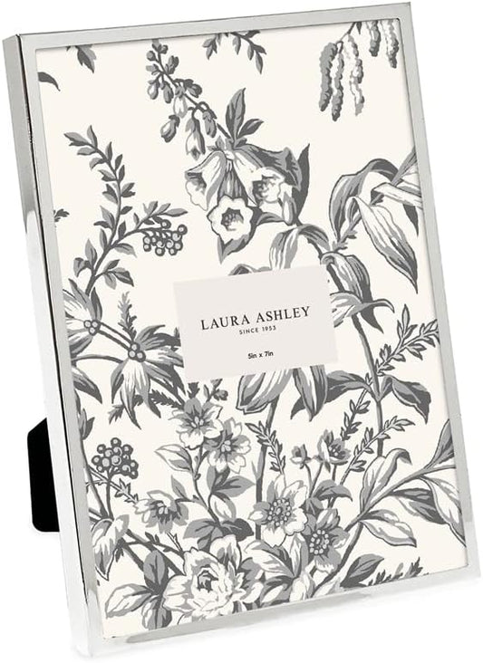Laura Ashley 5x7 Silver Flat Metal Picture Frame (Vertical & Horizontal) w/Two-Way Easel Stand, Black Velvet Backing, Wall-Mountable, Made for Tabletop, Desk, Wall Display, Home Décor (5x7, Silver)