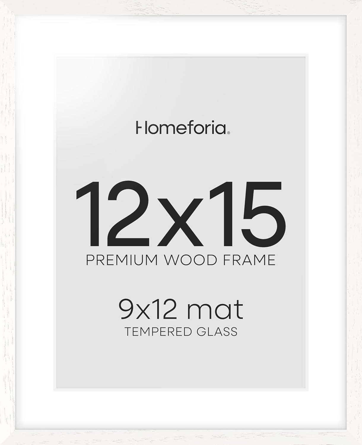 Homeforia 12x15 White Picture Frame, High End Oak 12x15 Wood Poster Frames with Mat 9x12 Print, 12 x 15 White Wooden Frame Matted to 9 by 12 Photo, 15x12 Thin Frame, Tempered Glass, Wall Kit, Set of 1
