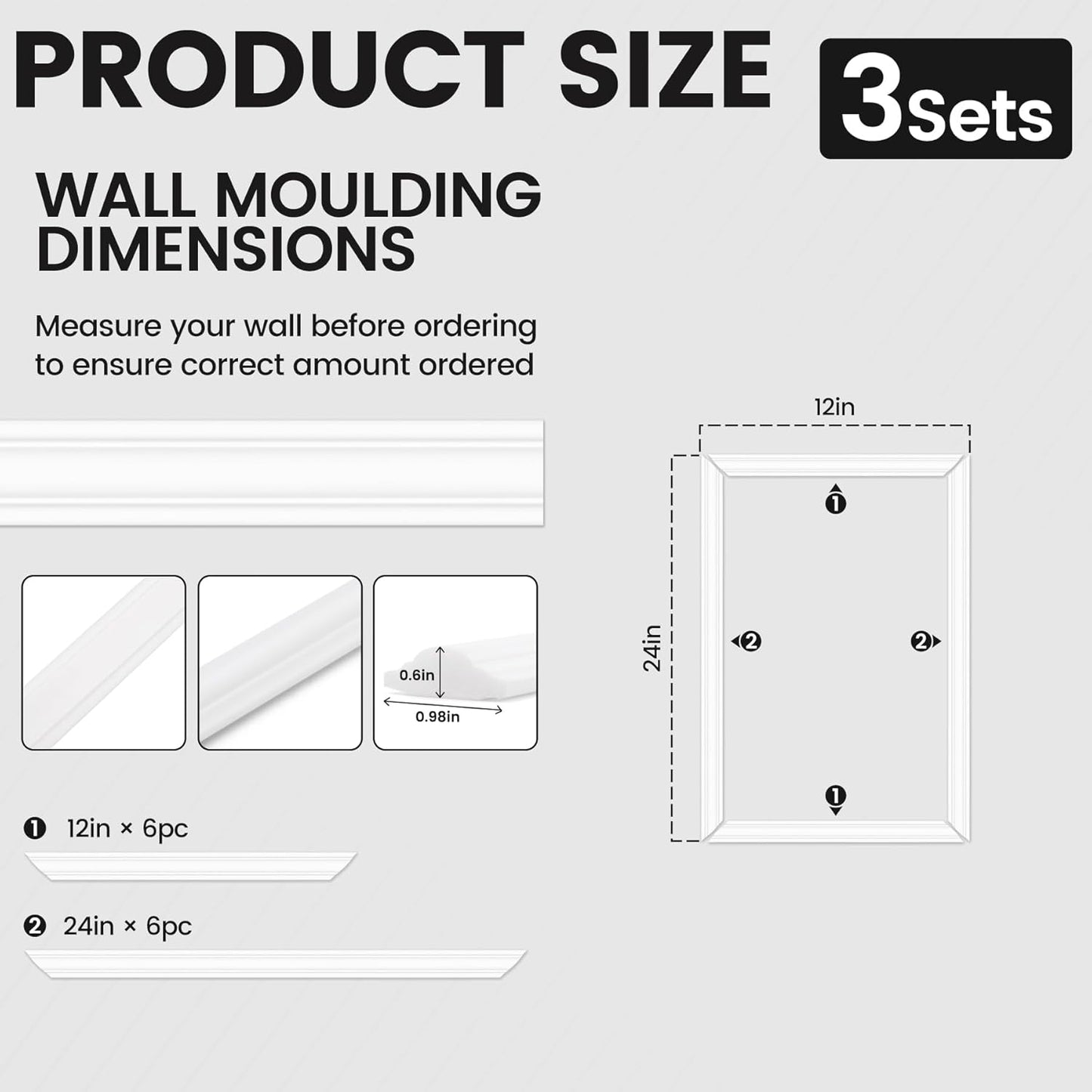 Peel and Stick Wainscoting Panels Kit, 3 Sets 12''x24'' Premade Wall Molding Peel and Stick Panels for Interior Wall Trim, Easy DIY Wainscoting Panels Peel and Stick Decor