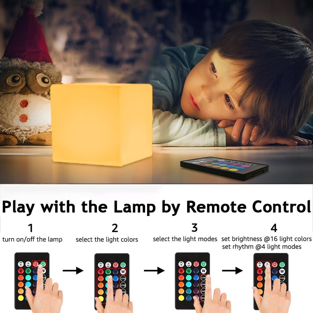 4-In LED Cube Night Light, Cordless LED Light Cubes for Kids, RGB Color Changing Tesseract Cosmic Cube Mood Lamp w/Remote, Rechargeable Square Bedside Lamp Nursery Light for Bedroom Garden Party Decor