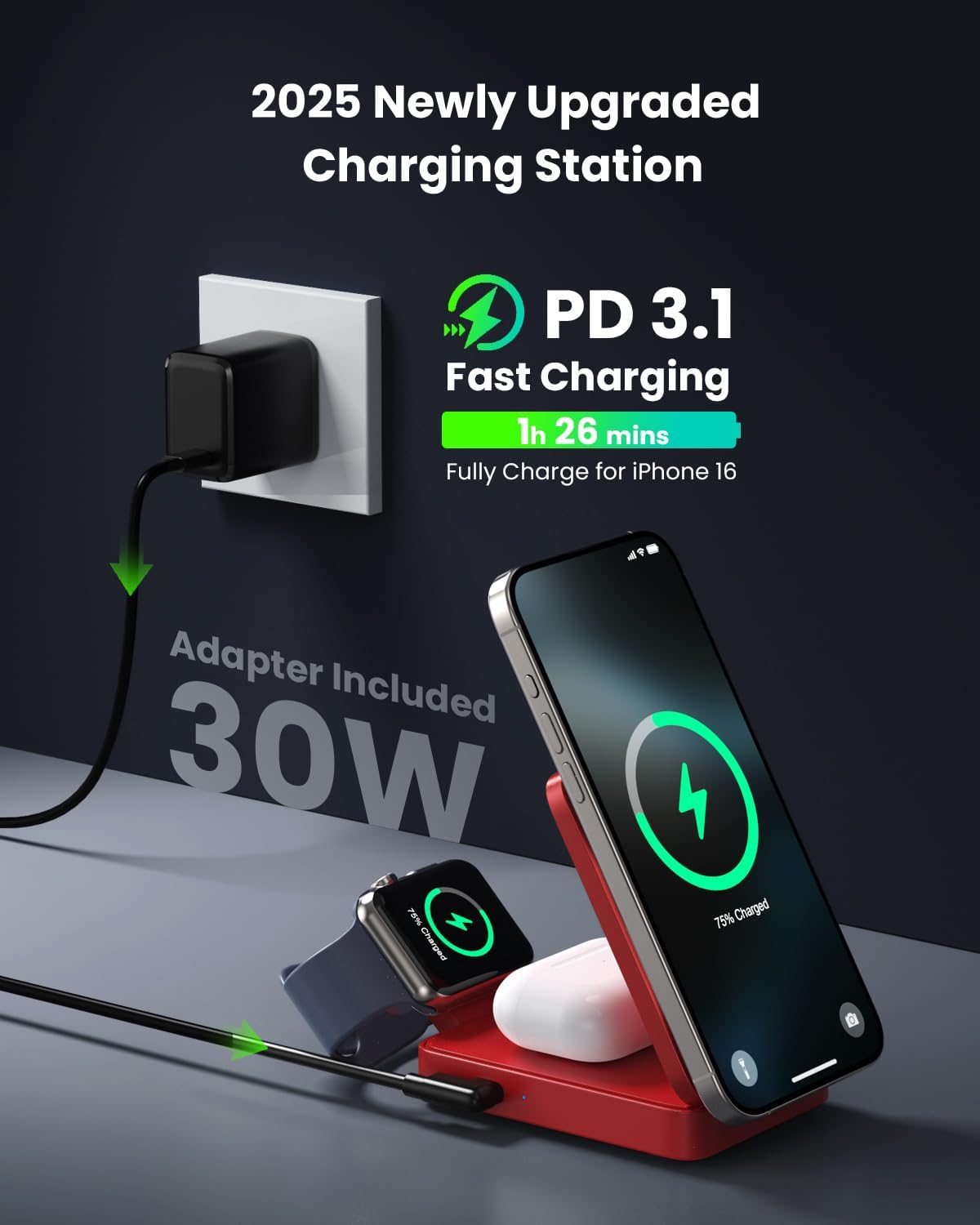 3-in-1 Wireless Charger Charging Station for iPhone, 15W Fast Charging Foldable Magnetic Charger Stand with 30W USB C Adapter for MagSafe iPhone 16/15/14/13/12, Apple Watch, AirPods