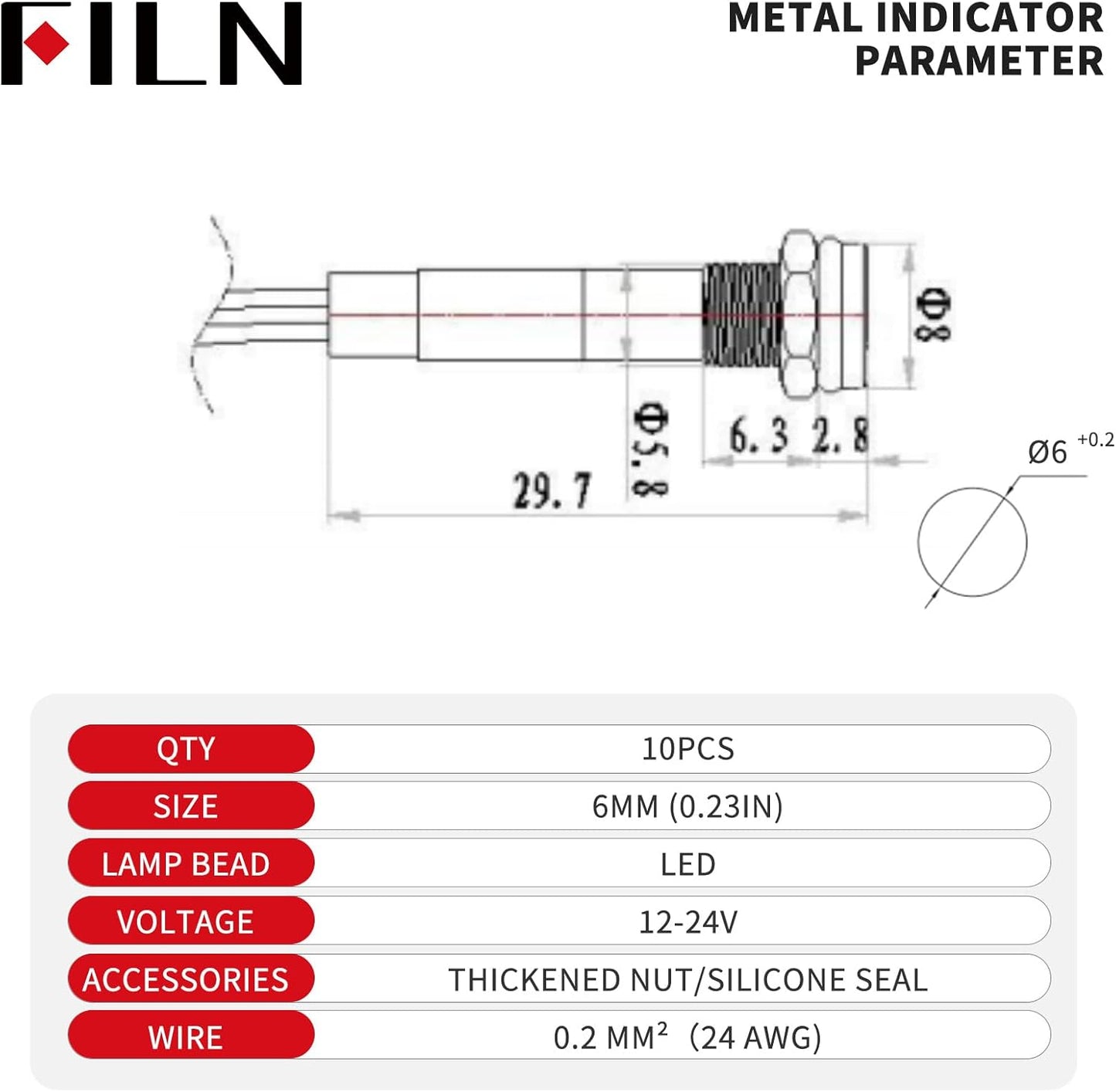 Indicator Light 10pcs 6mm 1/4" AC 12-24V Metal LED Waterproof Signal Lamp Pilot Dash Directional Car Truck Boat with Wire(Red 12V-24V)
