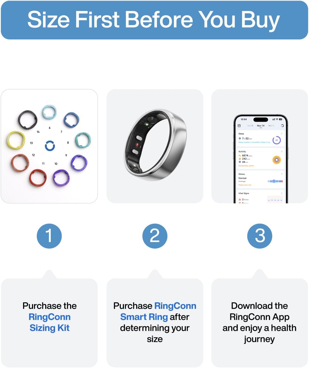 RingConn Gen 2 Air Sizing Kit - Size First Before You Buy - Choose from 9 Sizes - Sizes 6 to 14 - Only Smart Ring