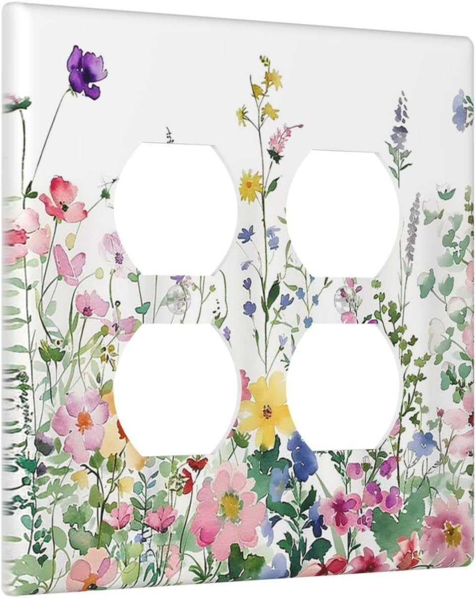 Outlet Covers Boho Colorful Flowers Plant Rustic Wildflower 2 Gang Double Duplex Decorative Light Switch Covers Electrical Wallplates Socket Faceplate for Bed Room Bathroom Decor