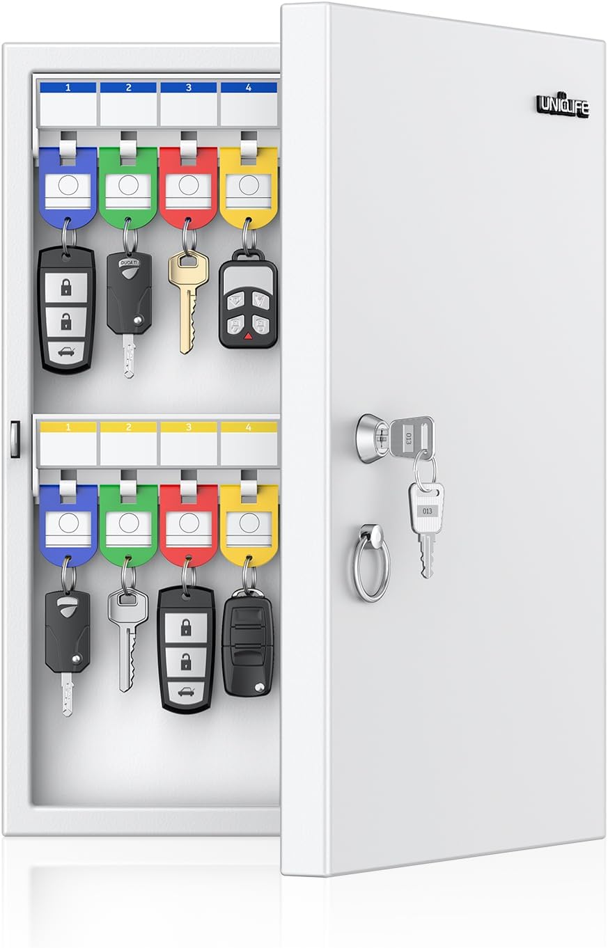 Uniclife 32 Position White Key Lock Box, Wall Mount Key Box, Car Key Organizer with Writable Key Racks and Tags, Security Key Cabinet, Car Key Holder Storage Box for Office Hotel & Company