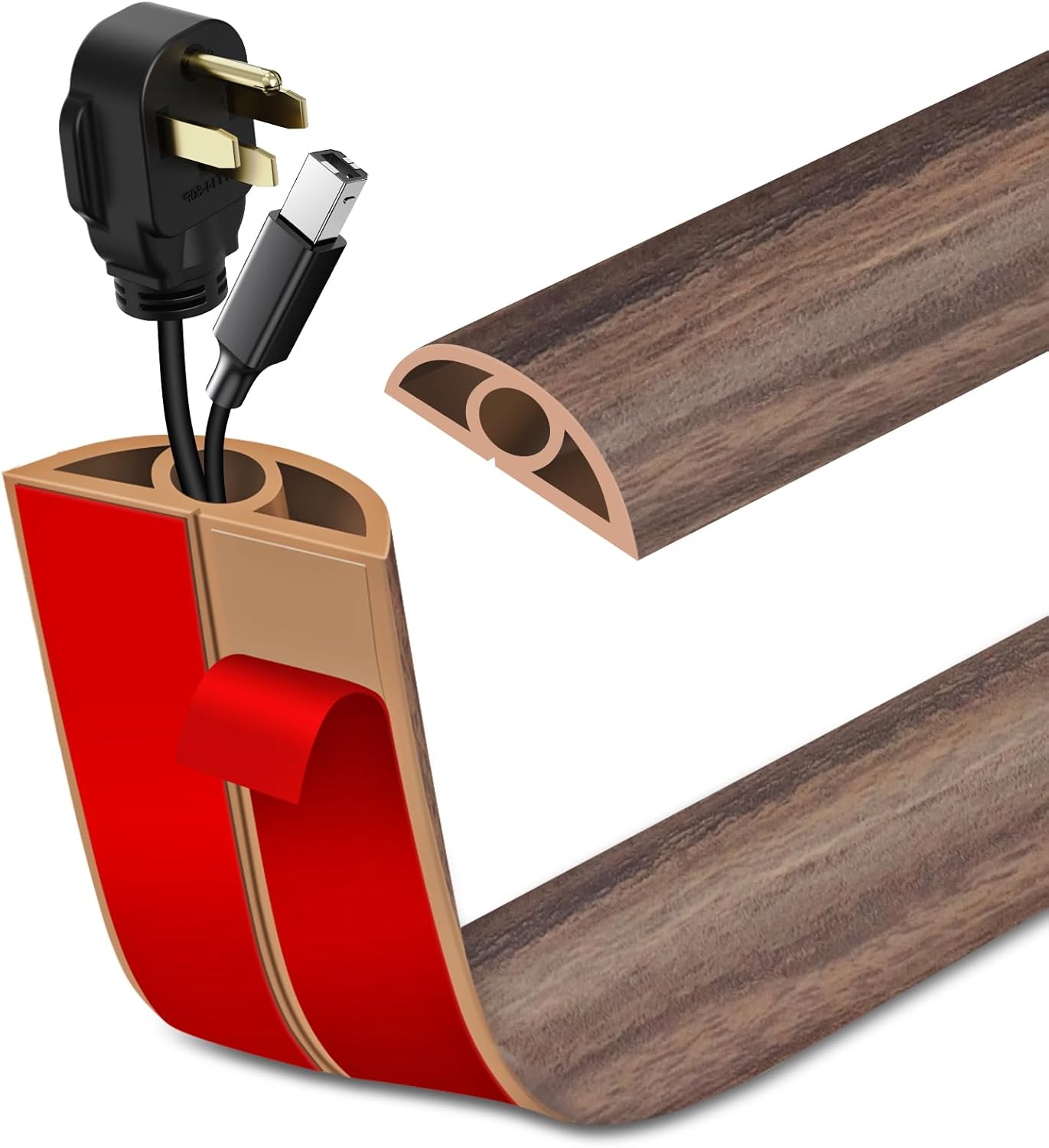Floor Cord Cover Self Adhesive Cord Hider Floor Extension Cord Covers for Floor Power Cord Protector Cable Management Prevent Cable Trips Cable Cavity 0.32" W x 0.32" H (Smoked Brown Wood, 10Ft)
