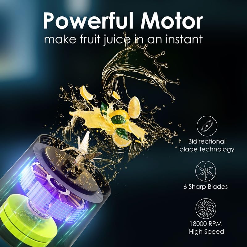 Personal Blender Wireless 24oz Cordless Mini 360 Watt Portable Blender-for Smoothies Freshly Squeezed Juices 6000mAh Self Cleaning and BPA Free Portable Juicer with 6 Sharp Blade Carbon Black