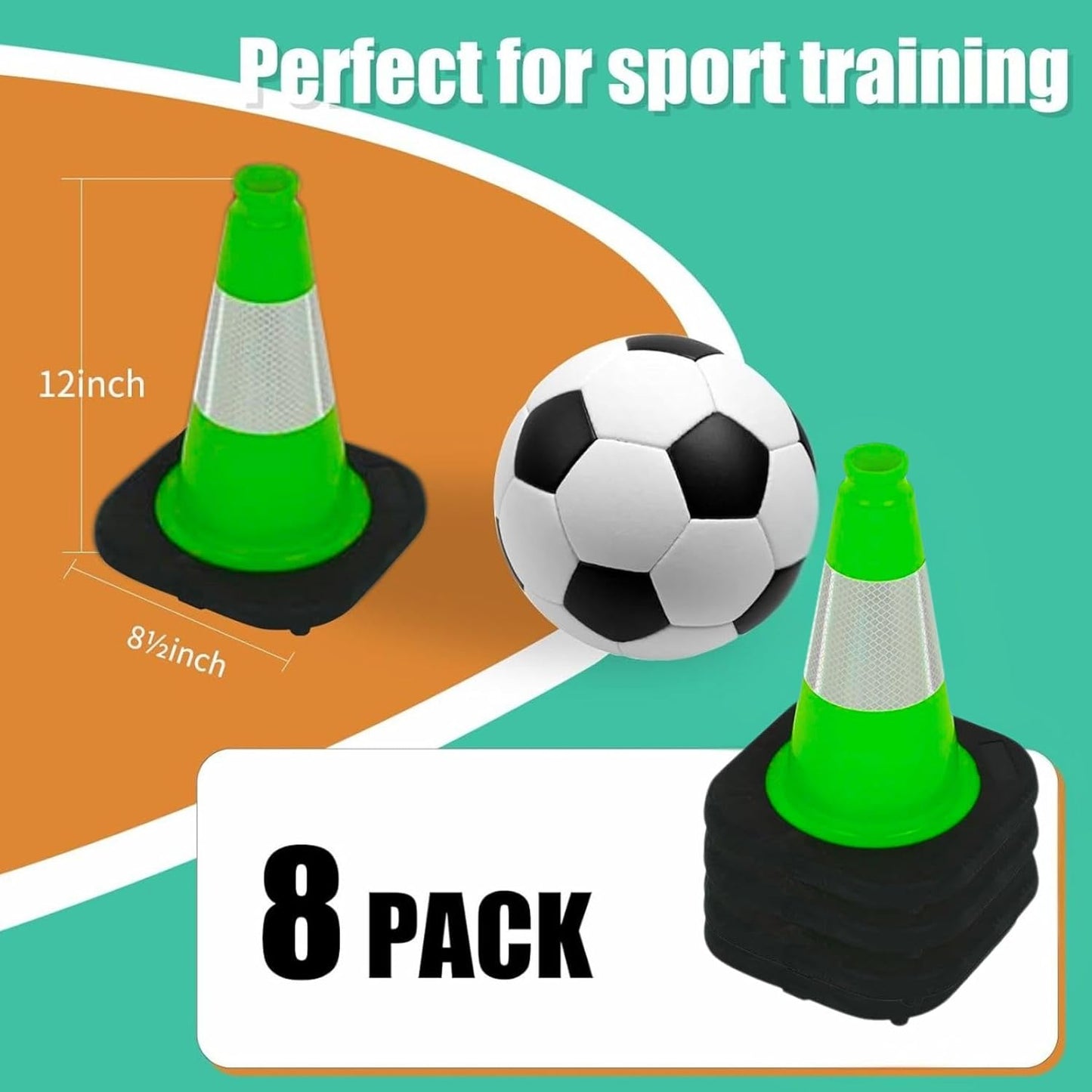 BESEA 12" inch Green Traffic Cones Safety Cones PVC Construction Cones with 4 inch Reflective Collar for Home Driveway Road Parking Use(8 Cones)