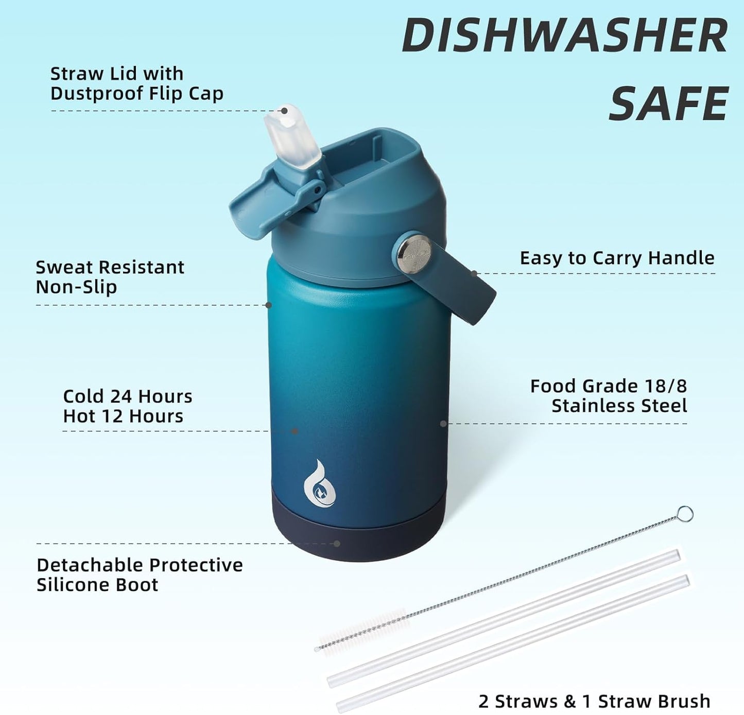 BJPKPK Insulated Water Bottle with Straw Lid, 12oz Thermo Water Bottles with Soft Nozzle, Flex Handle & Non-slip Boot, BPA Free Leak Proof Stainless Steel Metal Thermo, Tumblers, Cups,Vast