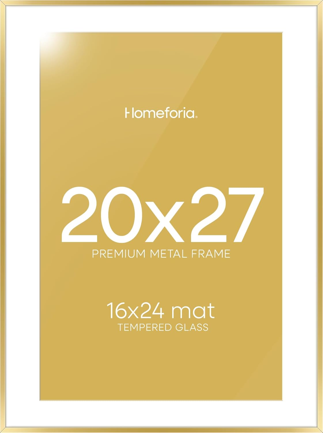 Homeforia 20x27 Picture Frame Gold, High End Metal 20x27 Poster Frames with Mat 16x24 Photo, 20 x 27 Gold Frame Matted to 16 by 24 Print, 27by20 Thin Hanging Frames, Tempered Glass, Wall Kit, Set of 1