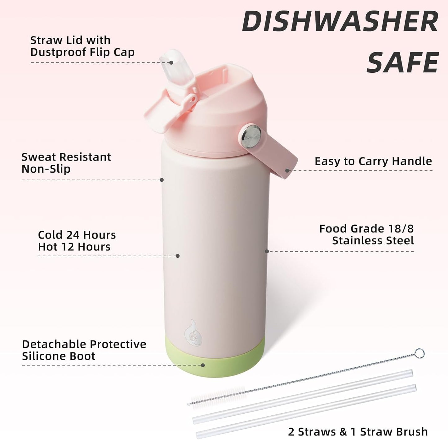 BJPKPK Insulated Water Bottle with Straw Lid, 18oz Thermo Water Bottles, Flex Handle & Non-slip Boot, BPA Free Leak Proof Stainless Steel Metal Thermo, Tumblers, Cups,Pearl Pink