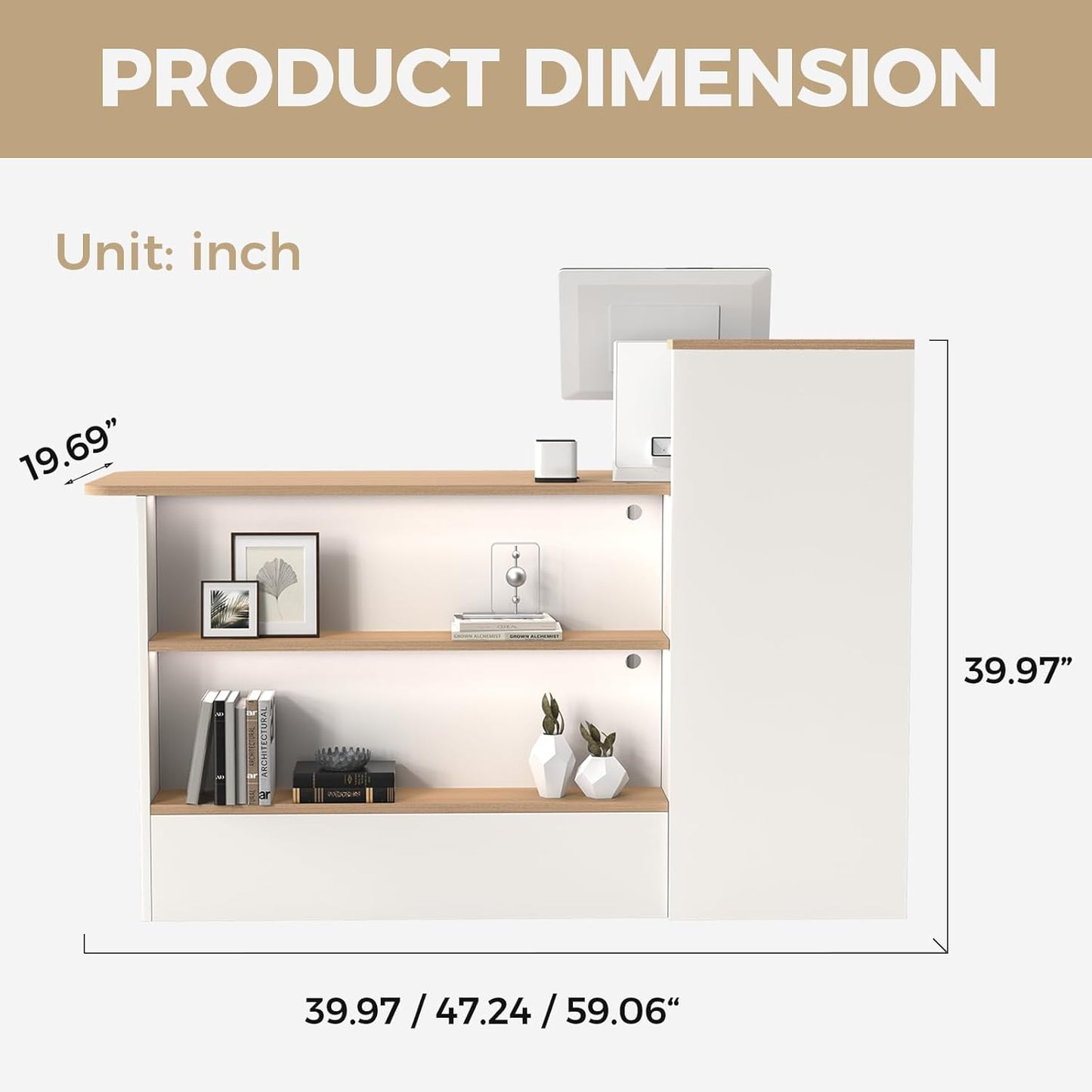 Modern Reception Desk with LED Lights - 59" Front Desk Reception Counter with Dual Display Shelves & Hidden Cable Management, Lockable Drawer & Storage Cabinet for Office, Salon, Spa, Retail, Left