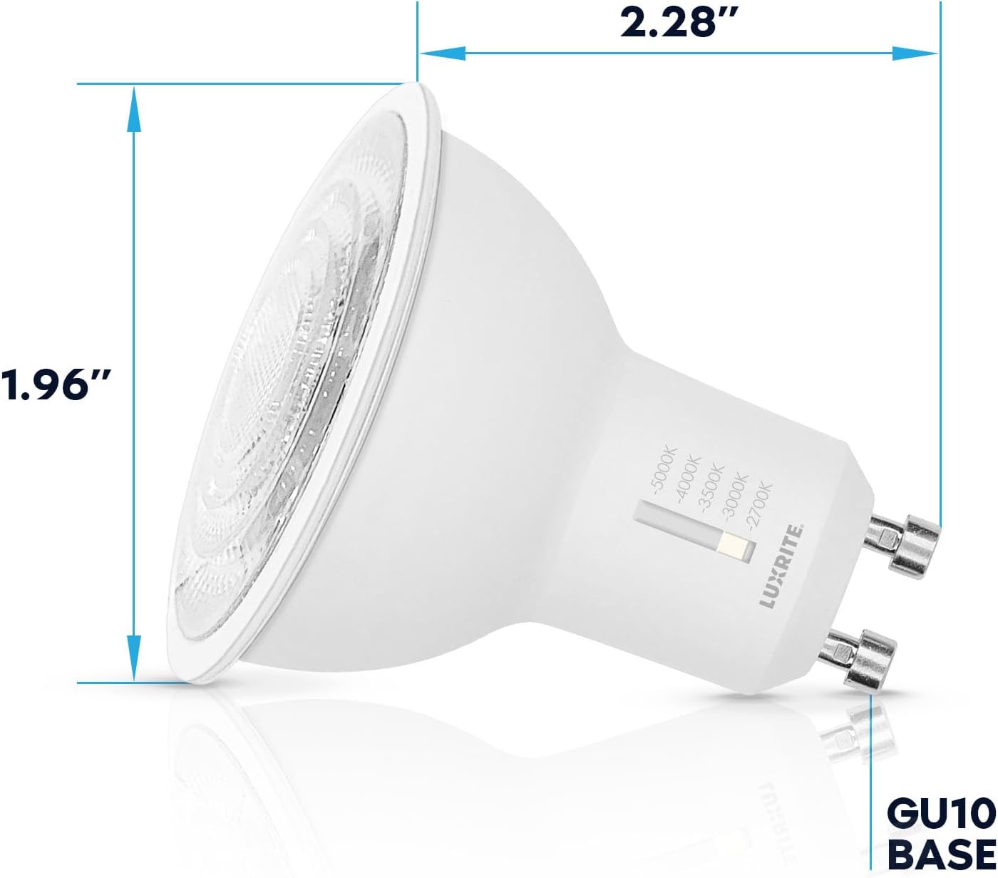 LUXRITE GU10 LED Bulbs Dimmable, 50W Halogen Equivalent, 5 Color Selectable 2700K-5000K, 6.5 Watt, 500 Lumens, 120V Spotlight LED Bulb GU10, Enclosed Fixture Rated (4 Pack)