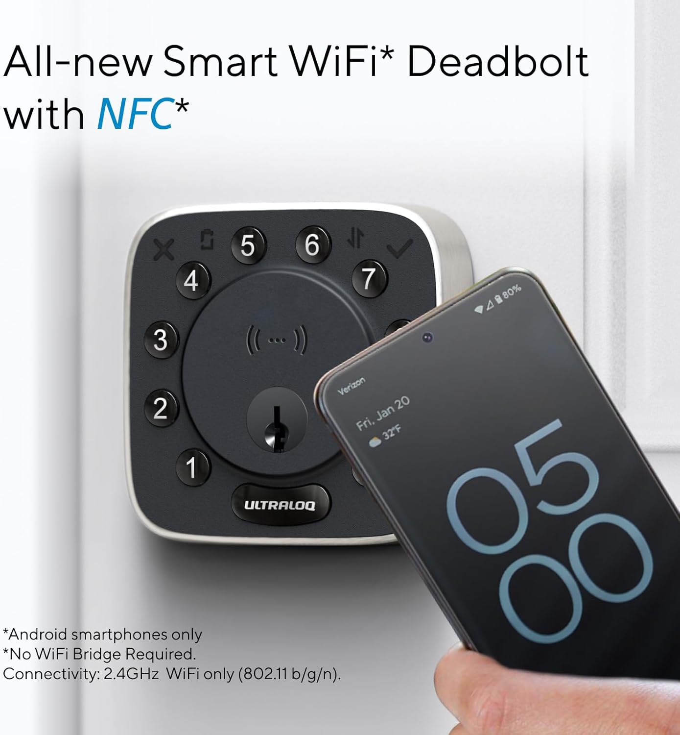 ULTRALOQ Bolt NFC Smart Lock with Android Phone Tap to Unlock, Built-in WiFi Keyless Entry Door Lock with Door Sensor, App Remote Control, Auto-Lock/Unlock, IP65 Waterproof, BHMA Certified