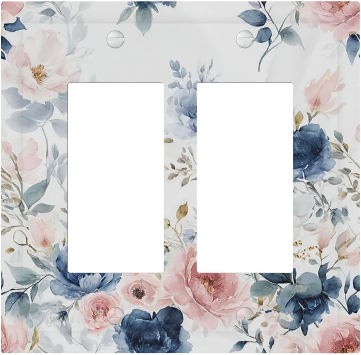 Elegant Watercolor Pink Blue Flowers Floral Outlet Covers Light Switch Cover Plate 2 Gang Double Rocker Wall Plates Decorative Switch Plates Plug Cover Electrical GFCI Receptacle for Home 4.9 X 5 IN
