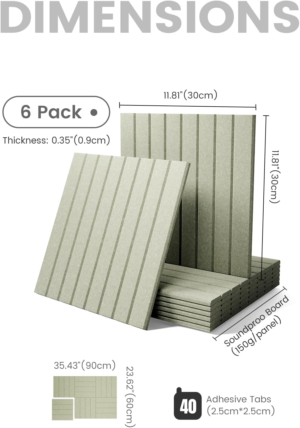 Felt Bulletin Board Tiles Large 36" x 24" Cork Board Alternative-6 Pack with 40 Adhesive Tabs, Thick Slat Wall Panels for Office Decor, Push Pin Board Wall Organizer Alternative - Sage