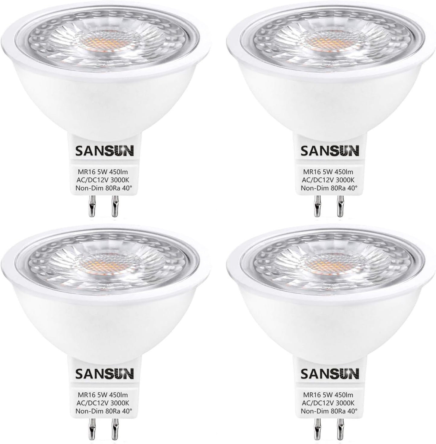 5W MR16 LED Landscape Light Bulbs, Low Voltage 12V Outdoor Landscape Spotlight and Indoor Track Light, GU5.3 Bi-Pin Base, Soft White 3000K, Non-Dimmable, (Pack of 4)