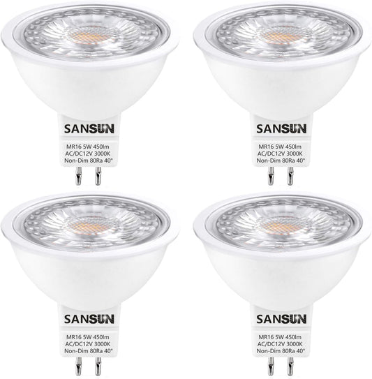 5W MR16 LED Landscape Light Bulbs, Low Voltage 12V Outdoor Landscape Spotlight and Indoor Track Light, GU5.3 Bi-Pin Base, Soft White 3000K, Non-Dimmable, (Pack of 4)