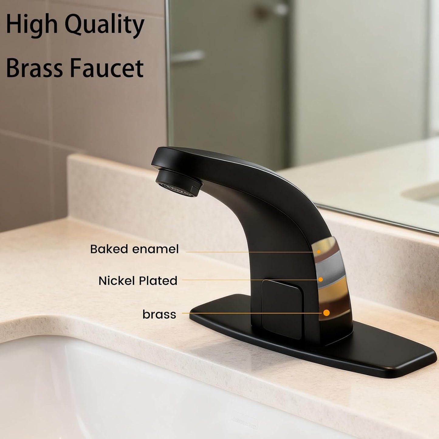 Touchless Bathroom Sink Faucet，Automatic Motion Sensor Faucets with 1 Hole Plate for Water Bath Commercial Lavatory Farmhouse, Black